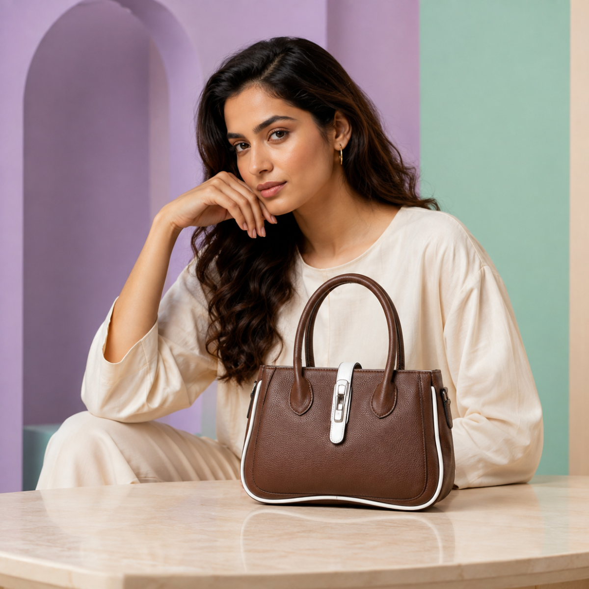 Coffee Women's Dual Tone Top Handle Handbag with Detachable Shoulder Strap