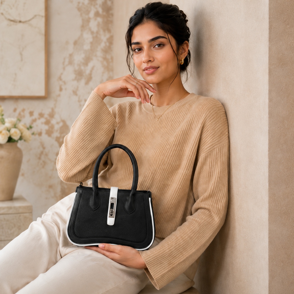 Black Women's Dual Tone Top Handle Handbag with Detachable Shoulder Strap
