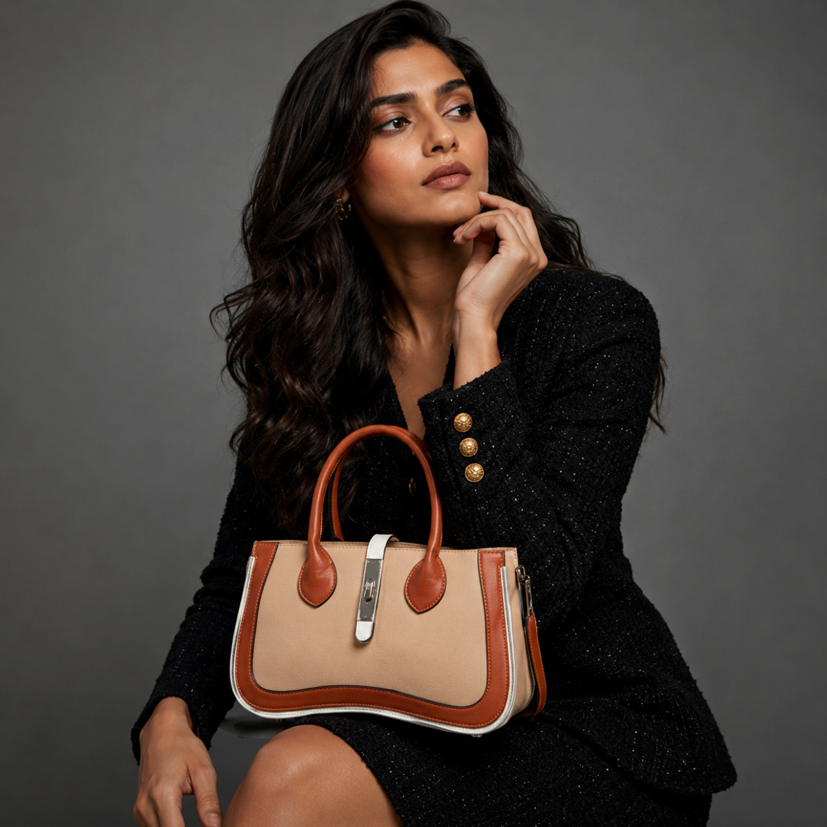 Tan Women's Dual Tone Top Handle Handbag with Detachable Shoulder Strap