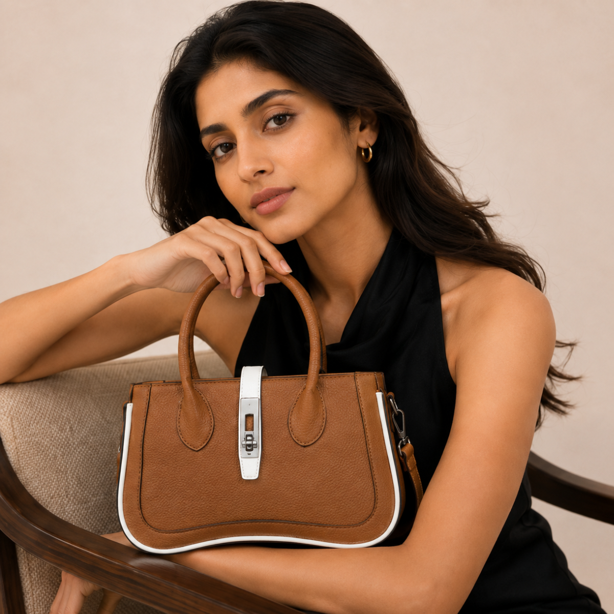 Beige Women's Dual Tone Top Handle Handbag with Detachable Shoulder Strap
