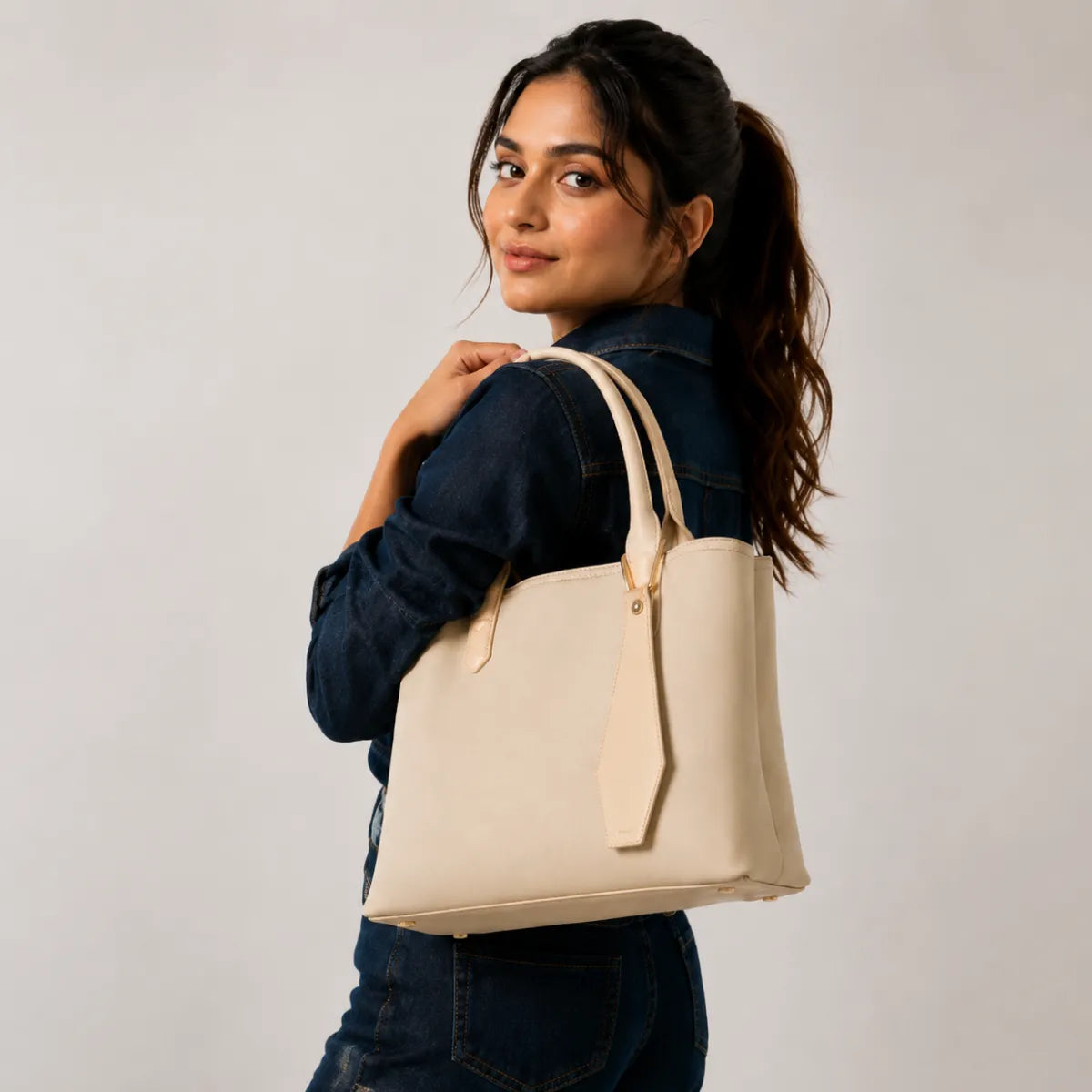 Beige Canvas Structured Handbag for Women
