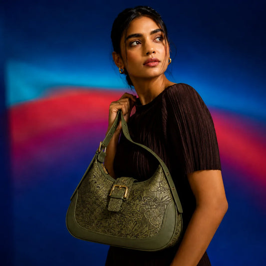Green Embossed Floral Leather Hobo Bag for Women