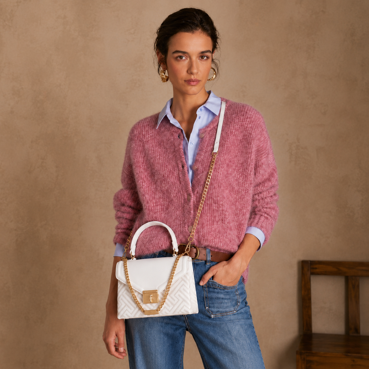Elegant White Printed Handbag for Women