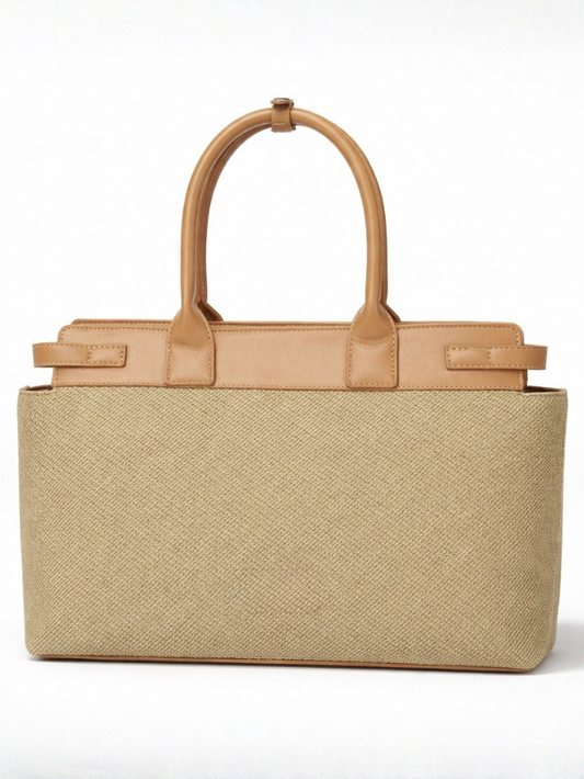 Premium Jute & PU Leather Structured Tote Olive Green Bag for Women