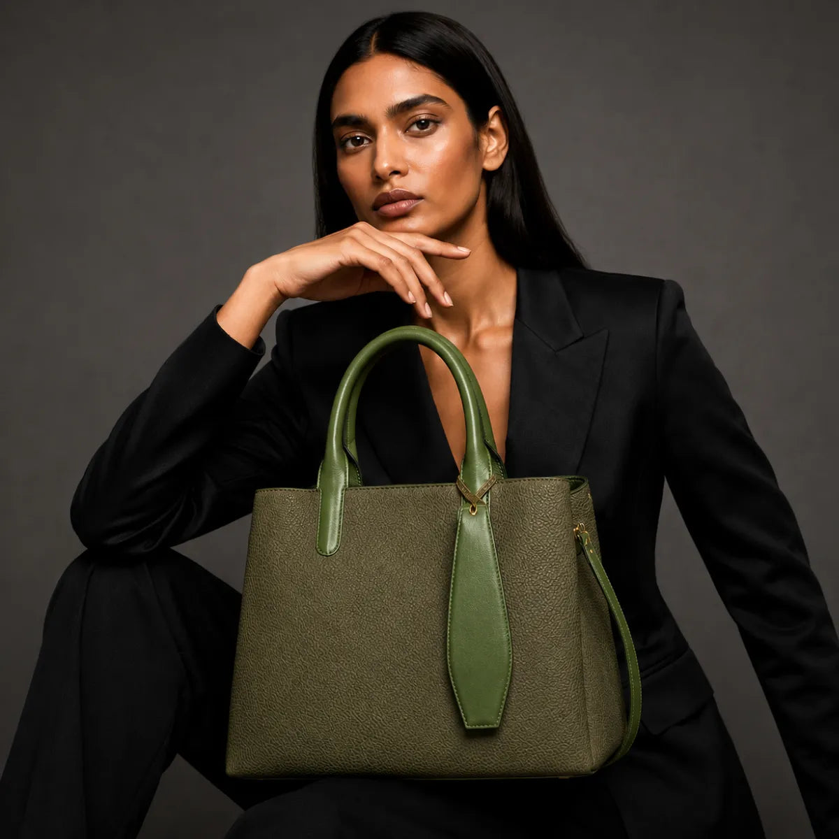 Green Canvas Structured Handbag for Women