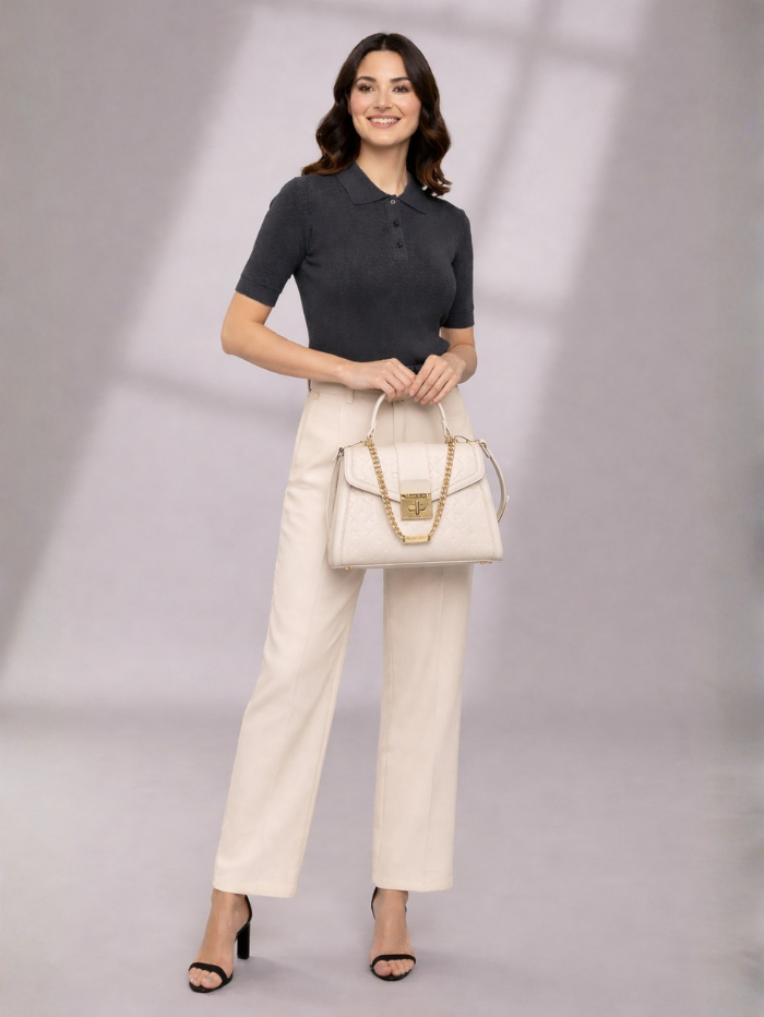 Stylish Quilted Chain Top Handle Sling Off White Bag for Women