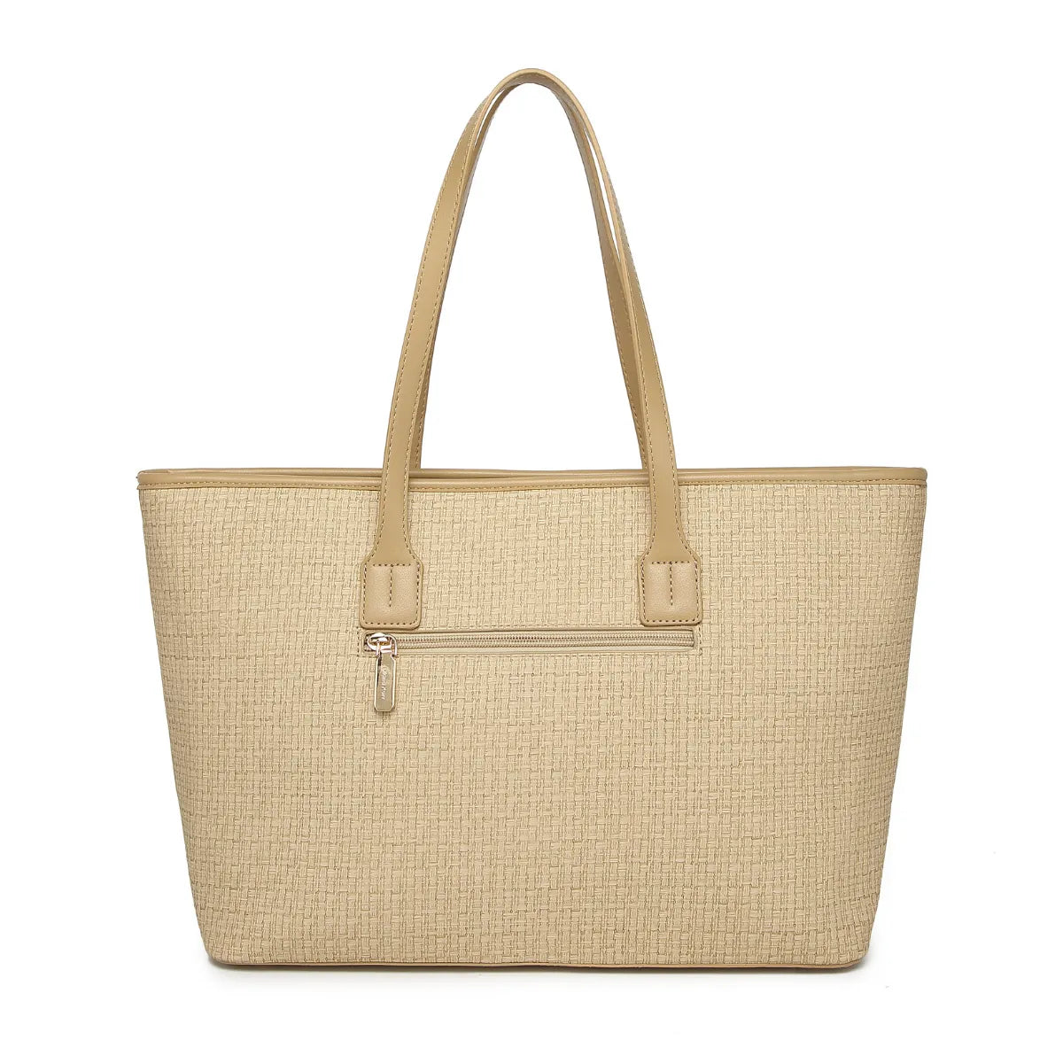 Beige Woven Straw Textured Tote Bag for Women