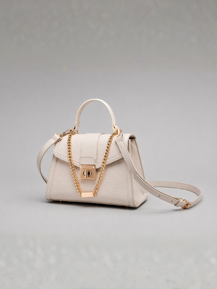 Stylish Quilted Chain Top Handle Sling Off White Bag for Women