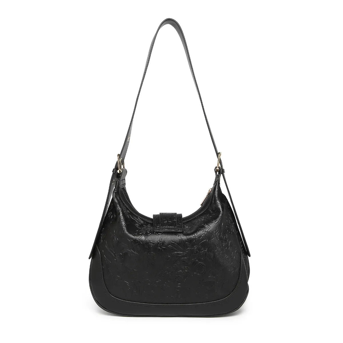 Black Embossed Floral Leather Hobo Bag for Women
